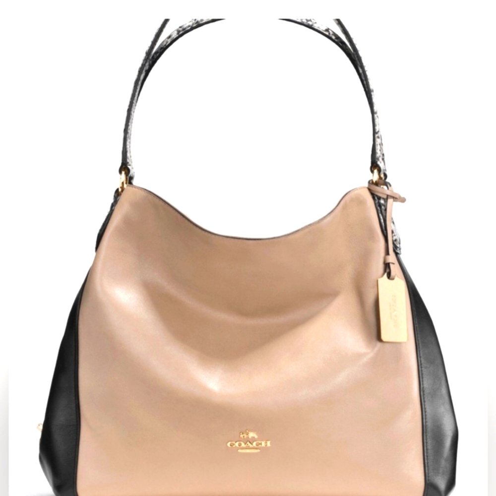 Coach Designer Black/Beige Leather Carriage Edie Shoulder Bag purse Handbag